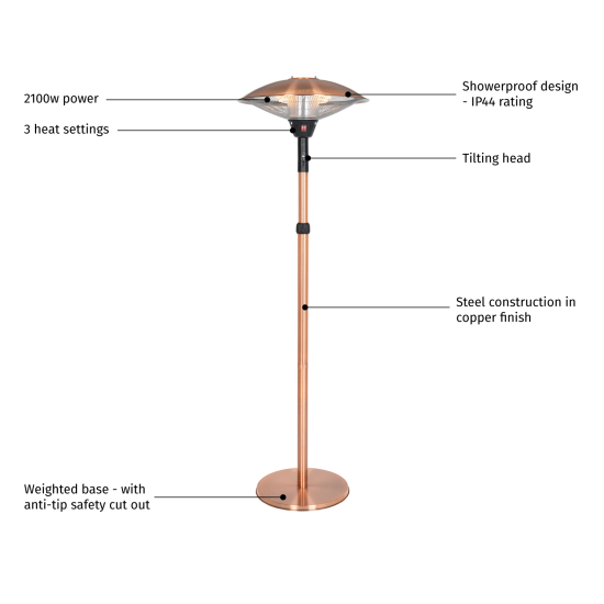 La Hacienda Outdoor Adjustable Copper Standing Electric Patio Garden Heater with Head Tilt | 69568