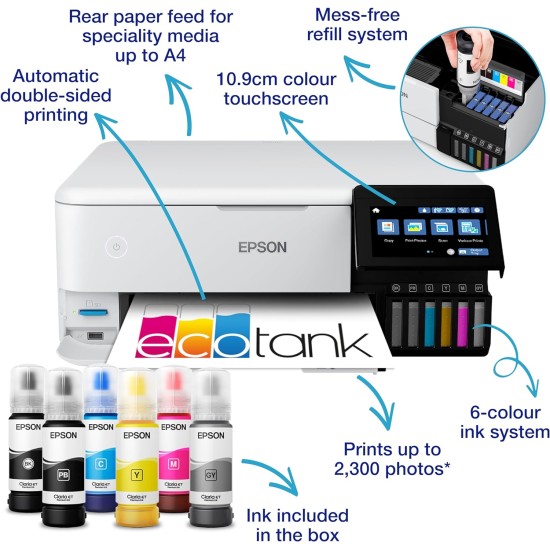 EPSON EcoTank A4 Multifunction Print Scan Copy Wi-Fi Inkjet Ink Tank Printer | ET-8500